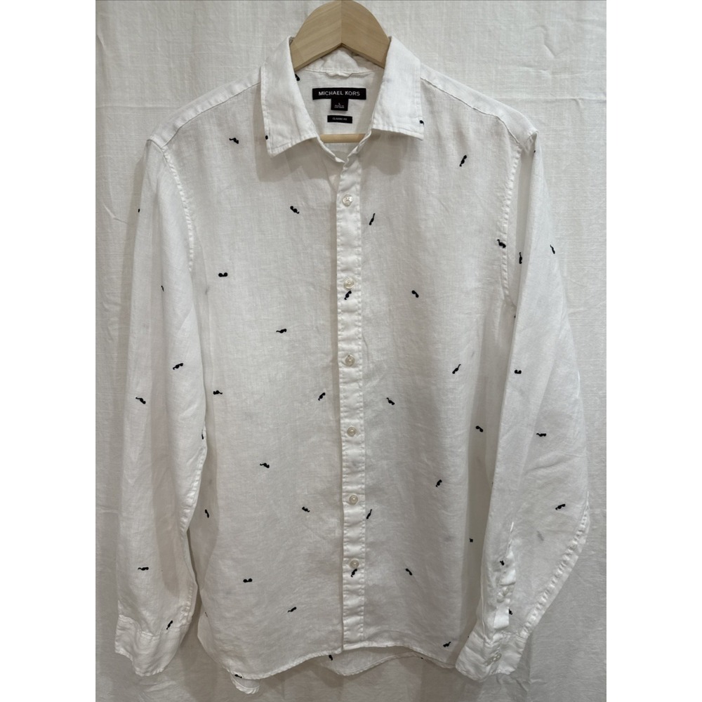 Mens 100% Linen Shirt Large Button Up Embroidered Sunglasses Resort Vaca Beach
